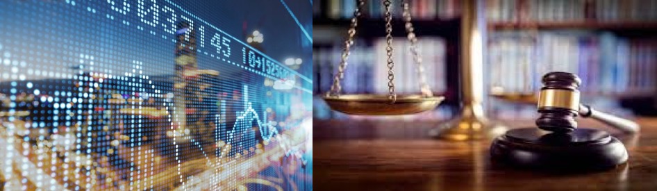 Illustration of market data feeds for major exchanges in Europe, Asia and North America, judge gavel, scales of justice and law books in court.